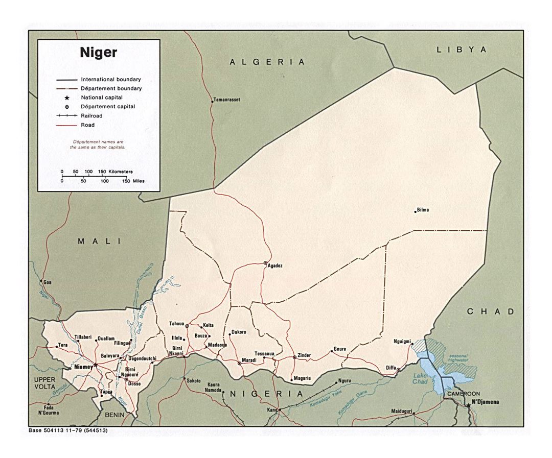 Детальная политическая и административная карта Нигера с дорогами, железными дорогами и городами - 1979