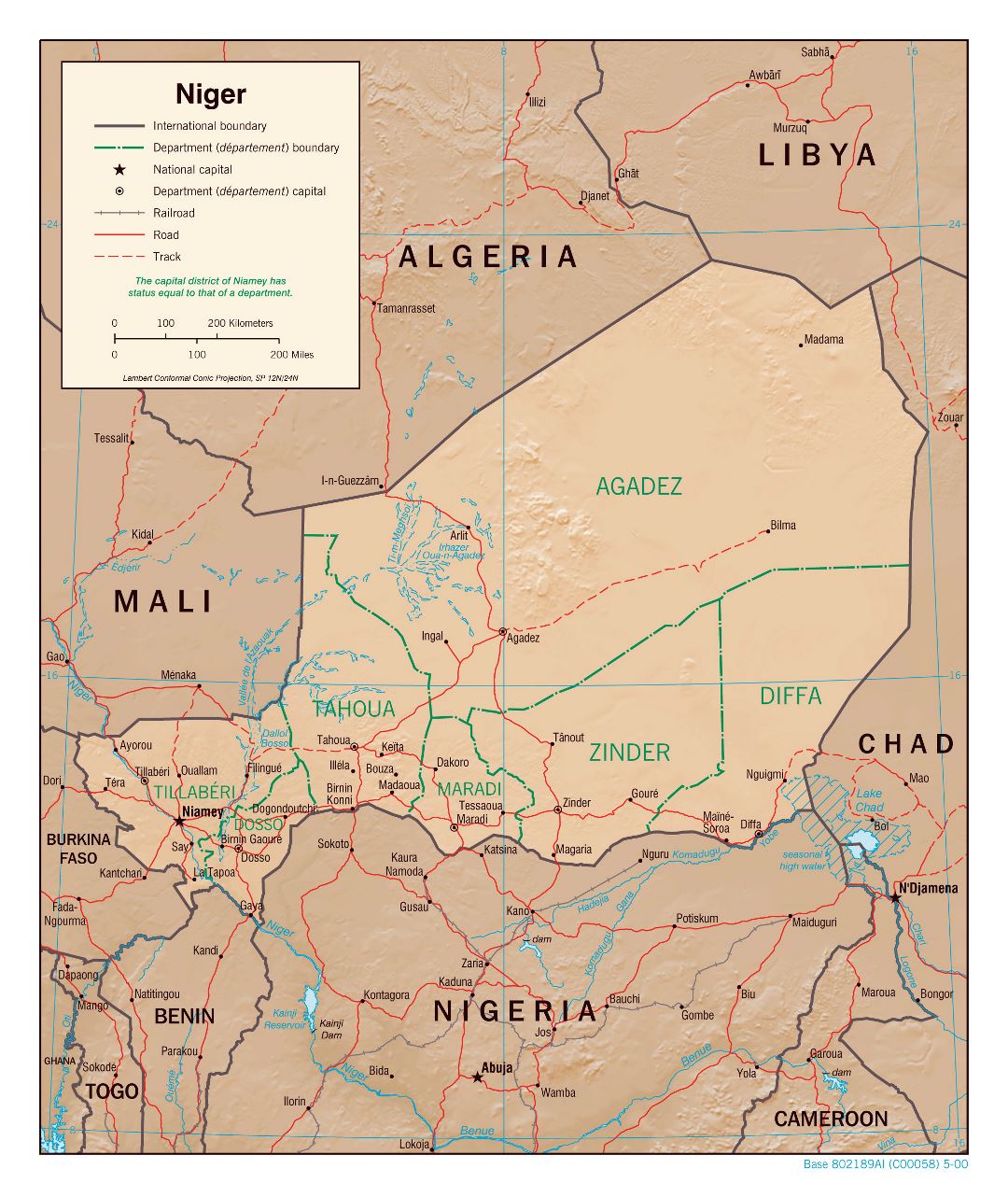 Большая детальная политическая и административная карта Нигера с рельефом, дорогами, железными дорогами и крупными городами - 2000