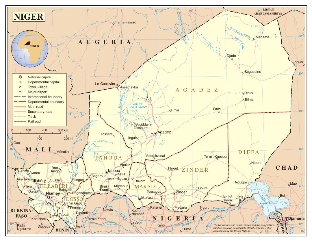 Большая детальная политическая и административная карта Нигера с дорогами, железными дорогами, городами и аэропортами