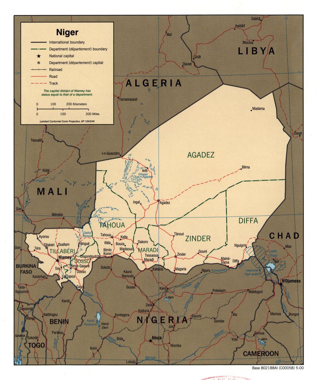 Большая политическая и административная карта Нигера с дорогами, железными дорогами и крупными городами - 2000