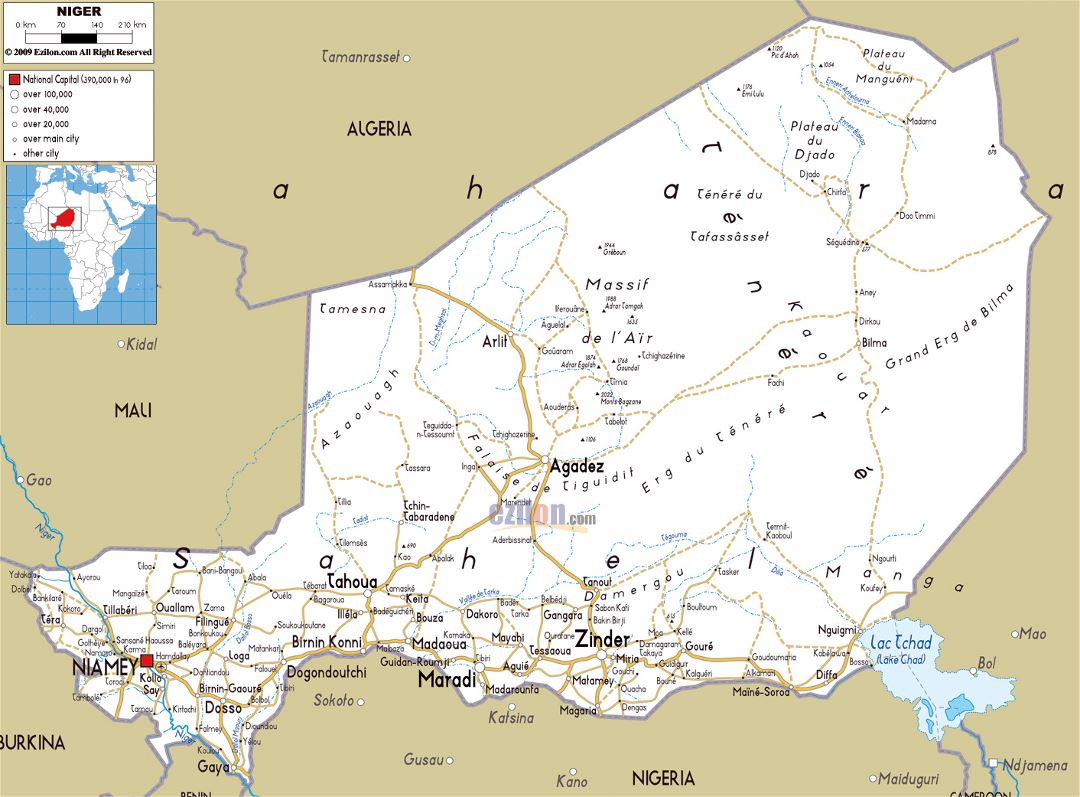 Большая карта дорог Нигера с городами и аэропортами