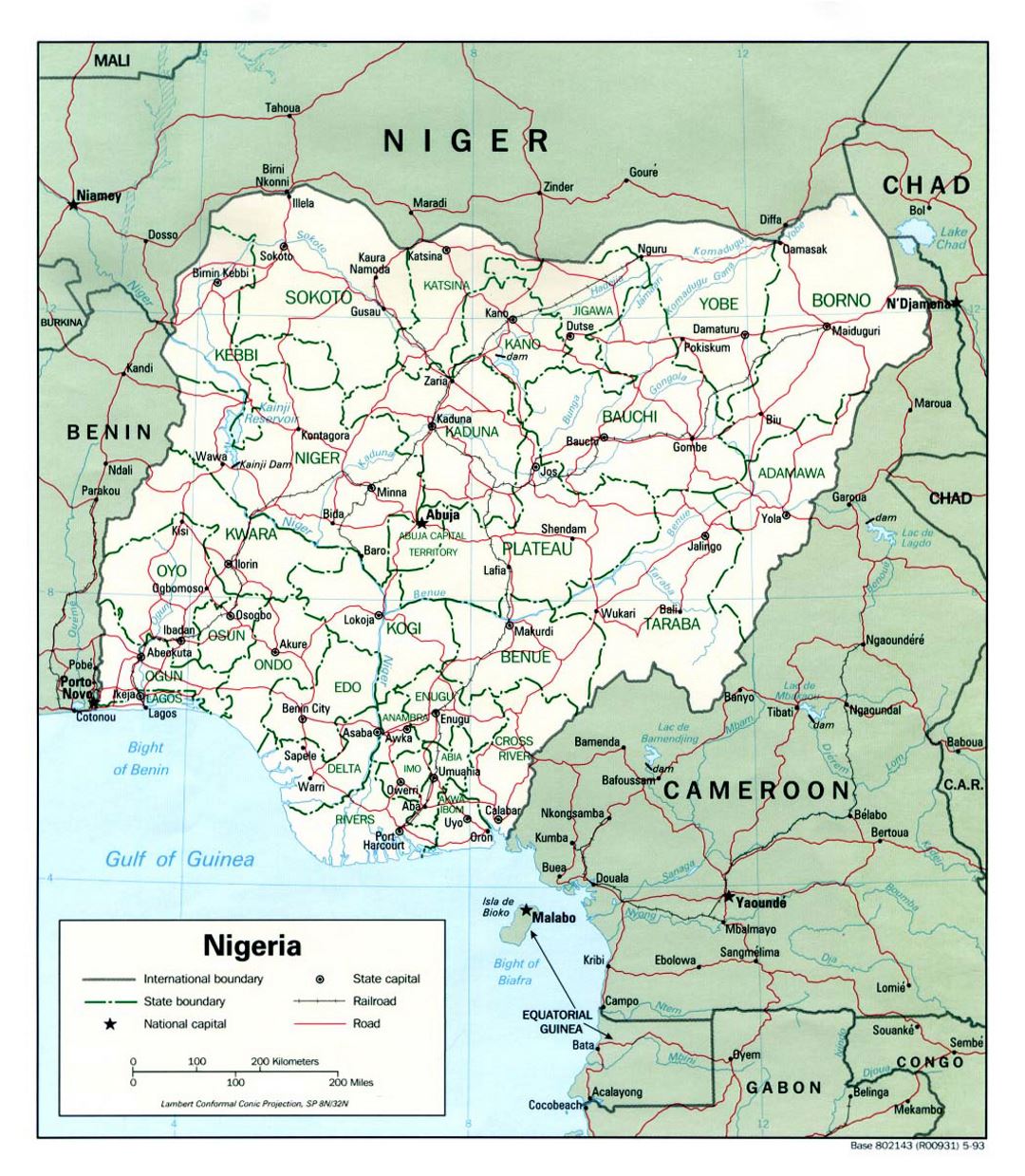 Детальная политическая и административная карта Нигерии с дорогами, железными дорогами и крупными городами - 1993