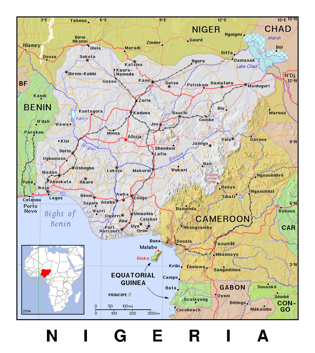 Детальная политическая карта Нигерии с рельефом