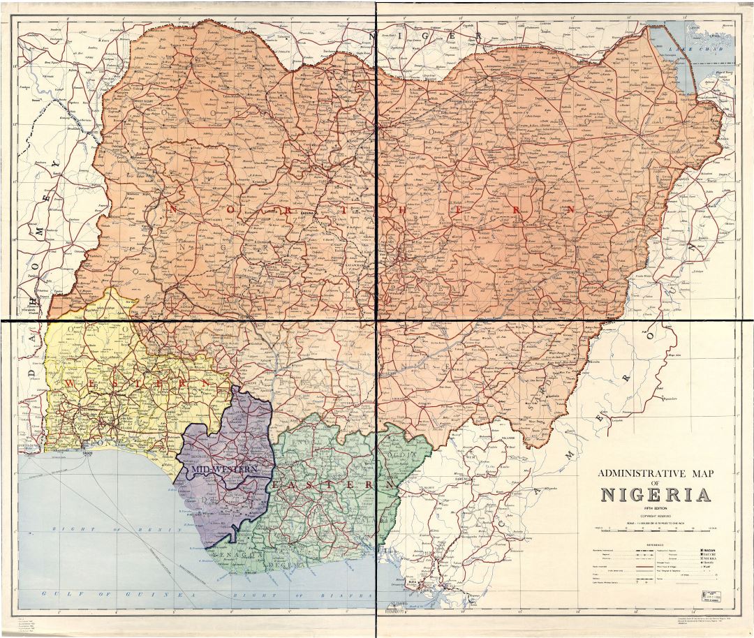 Большая детальная административная карта Нигерии - 1965