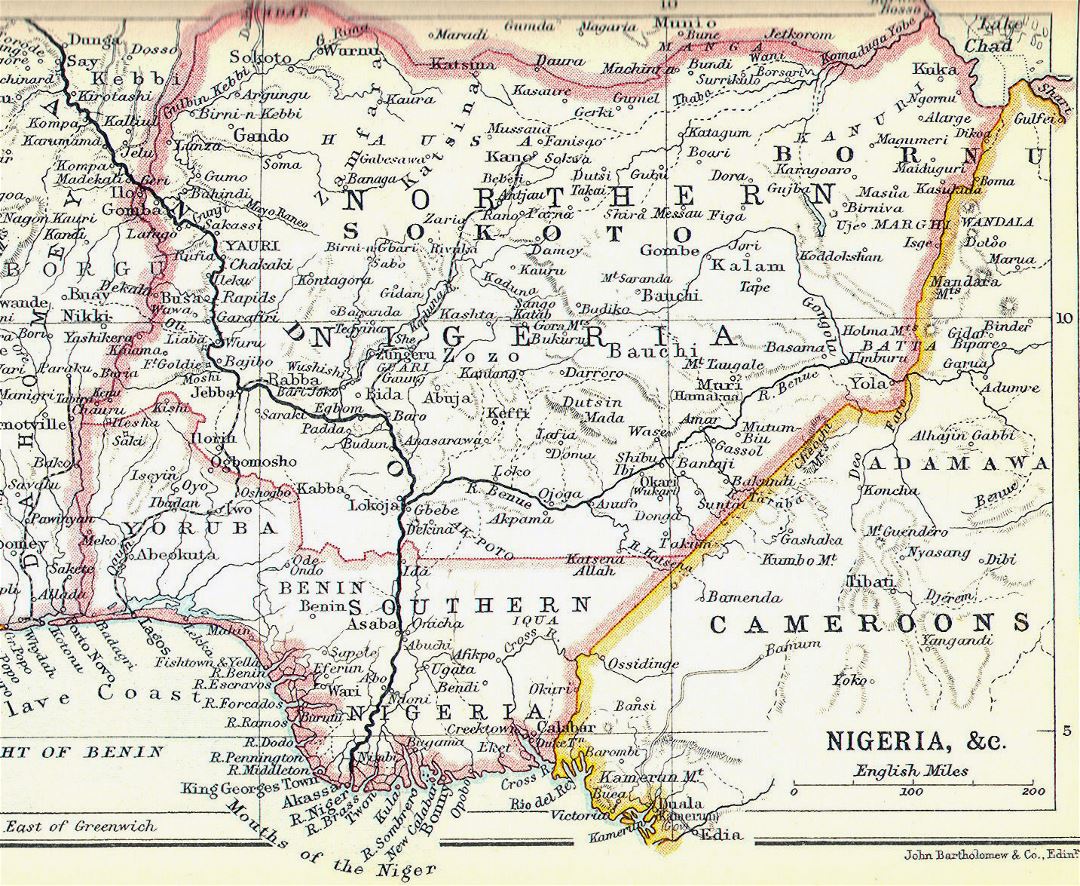 Большая детальная старая карта Южной и Северной Нигерии - 1914
