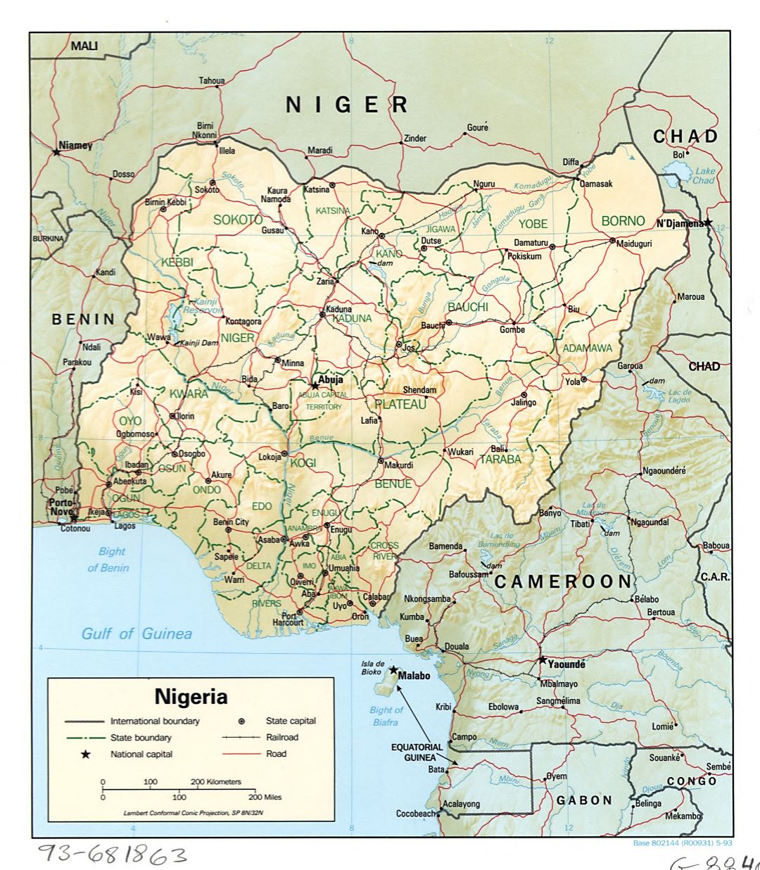 Большая детальная политическая и административная карта Нигерии с рельефом, дорогами, железными дорогами и крупными городами - 1993