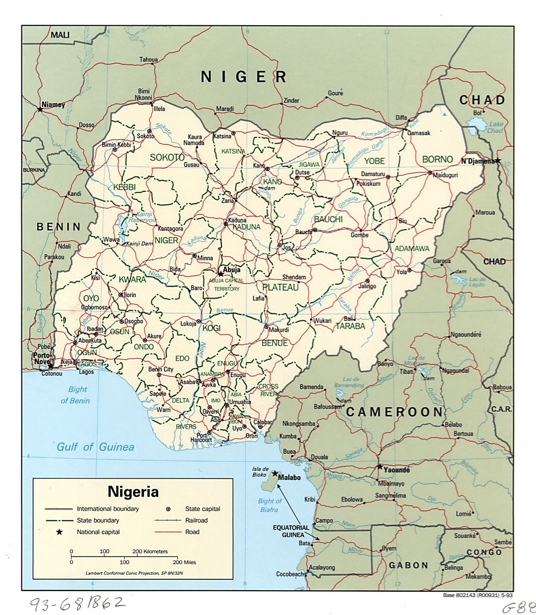 Большая детальная политическая и административная карта Нигерии с дорогами, железными дорогами и крупными городами - 1993