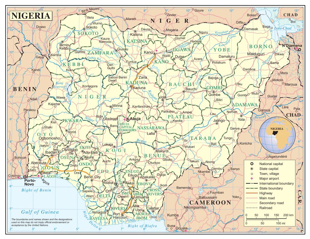 Большая детальная политическая и административная карта Нигерии с дорогами, железными дорогами, городами и аэропортами