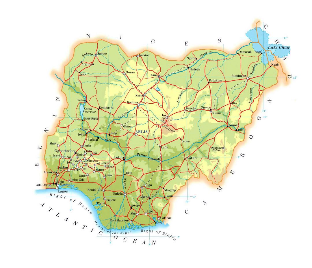 Большая карта высот Нигерии с дорогами, железными дорогами, городами и аэропортами