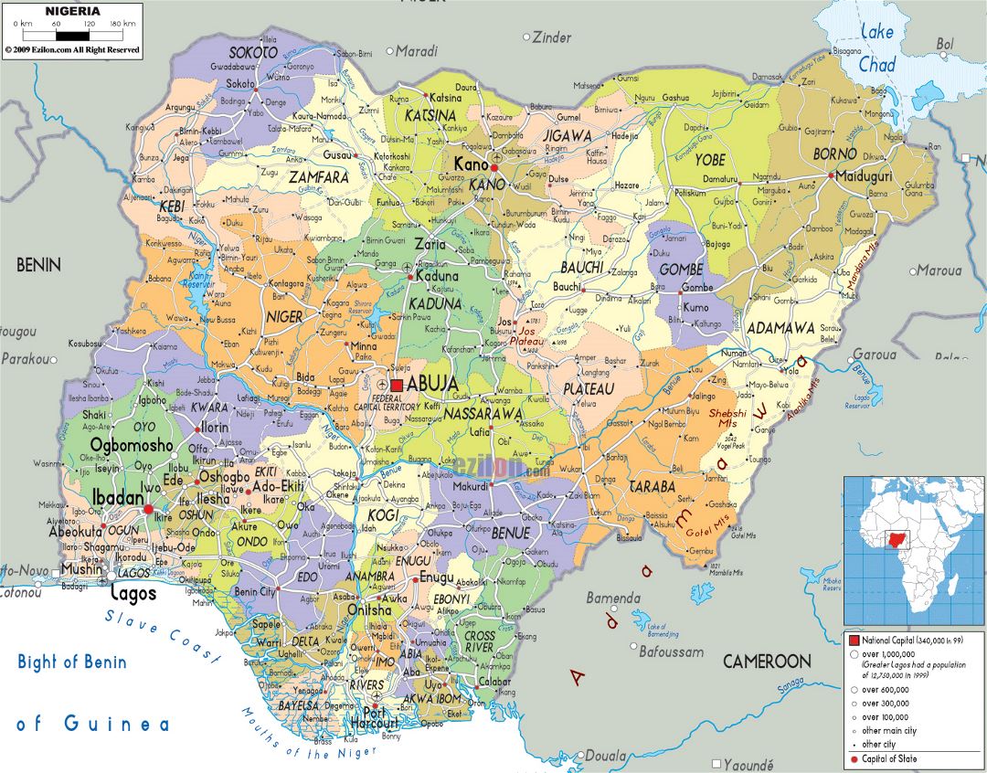 Большая политическая и административная карта Нигерии с дорогами, городами и аэропортами
