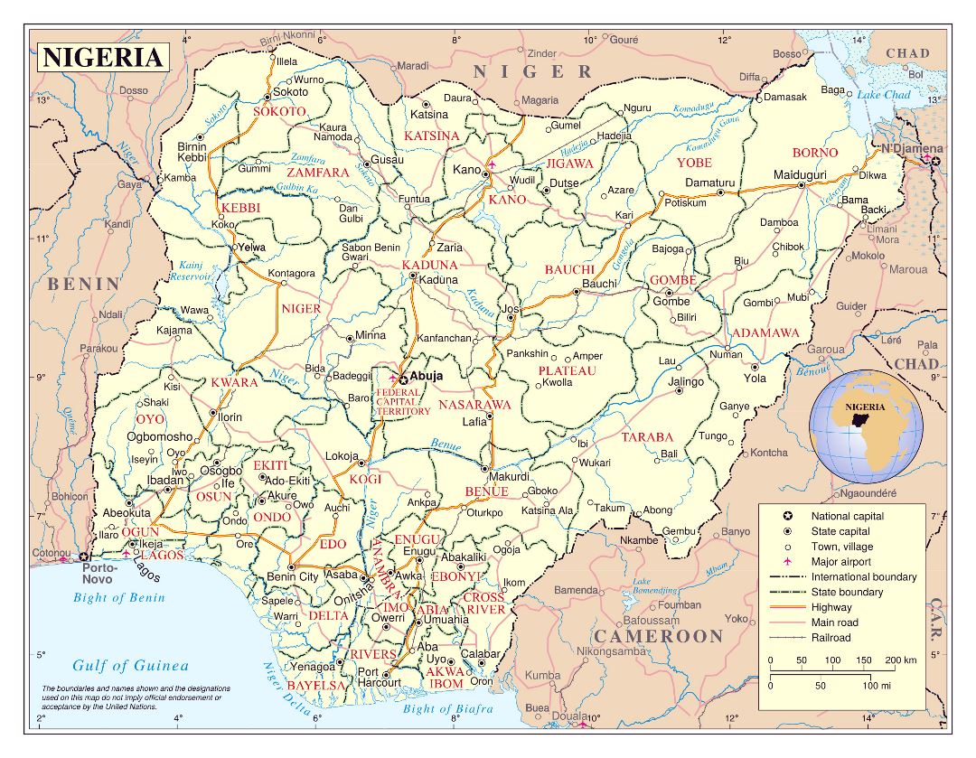 Большая политическая и административная карта Нигерии с дорогами, железными дорогами, городами и аэропортами