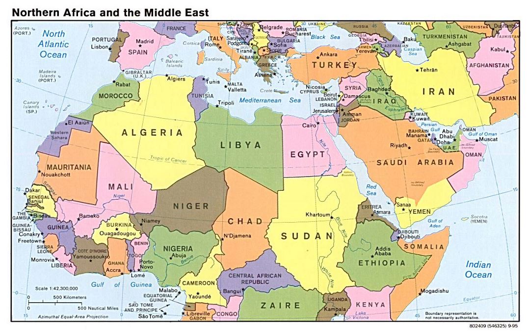 Подробная политическая карта Северной Африки и Ближнего Востока со столицами - 1995
