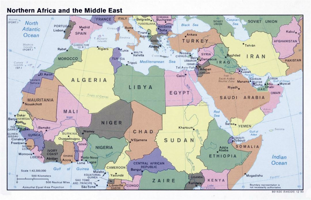 Большая политическая карта Северной Африки и Ближнего Востока - 1990