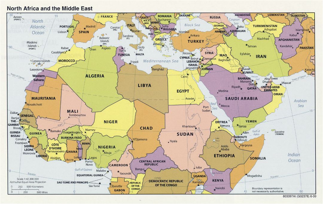 Большая политическая карта Северной Африки и Ближнего Востока со