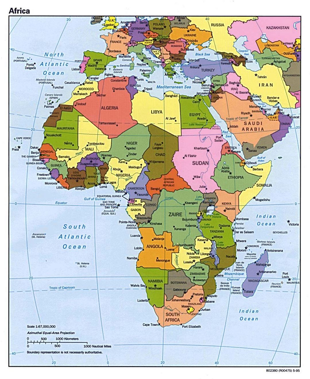Политическая карта Африки с крупными городами и столицами стран 1995 года