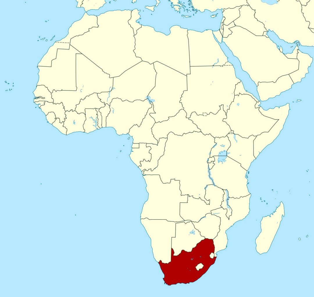 Детальная карта расположения Южной Африки в Африке