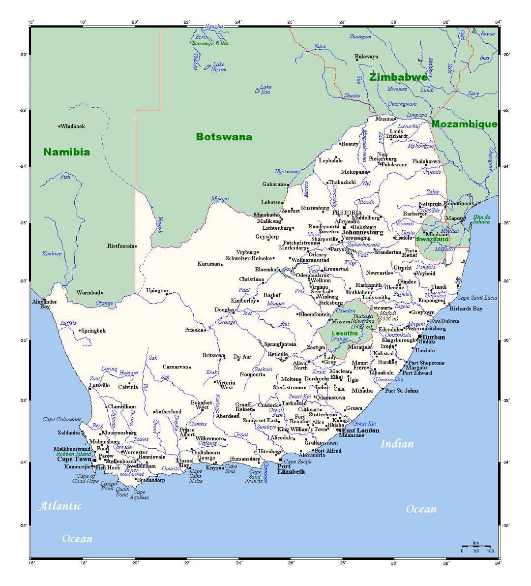 Детальная карта Южной Африки со всеми городами