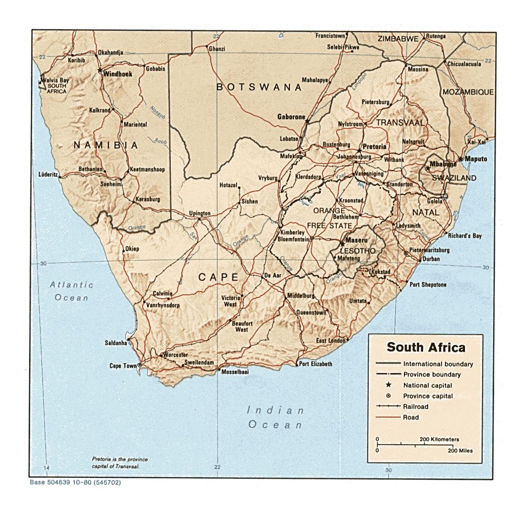 Детальная политическая и административная карта Южной Африки с рельефом, дорогами, железными дорогами и городами - 1980