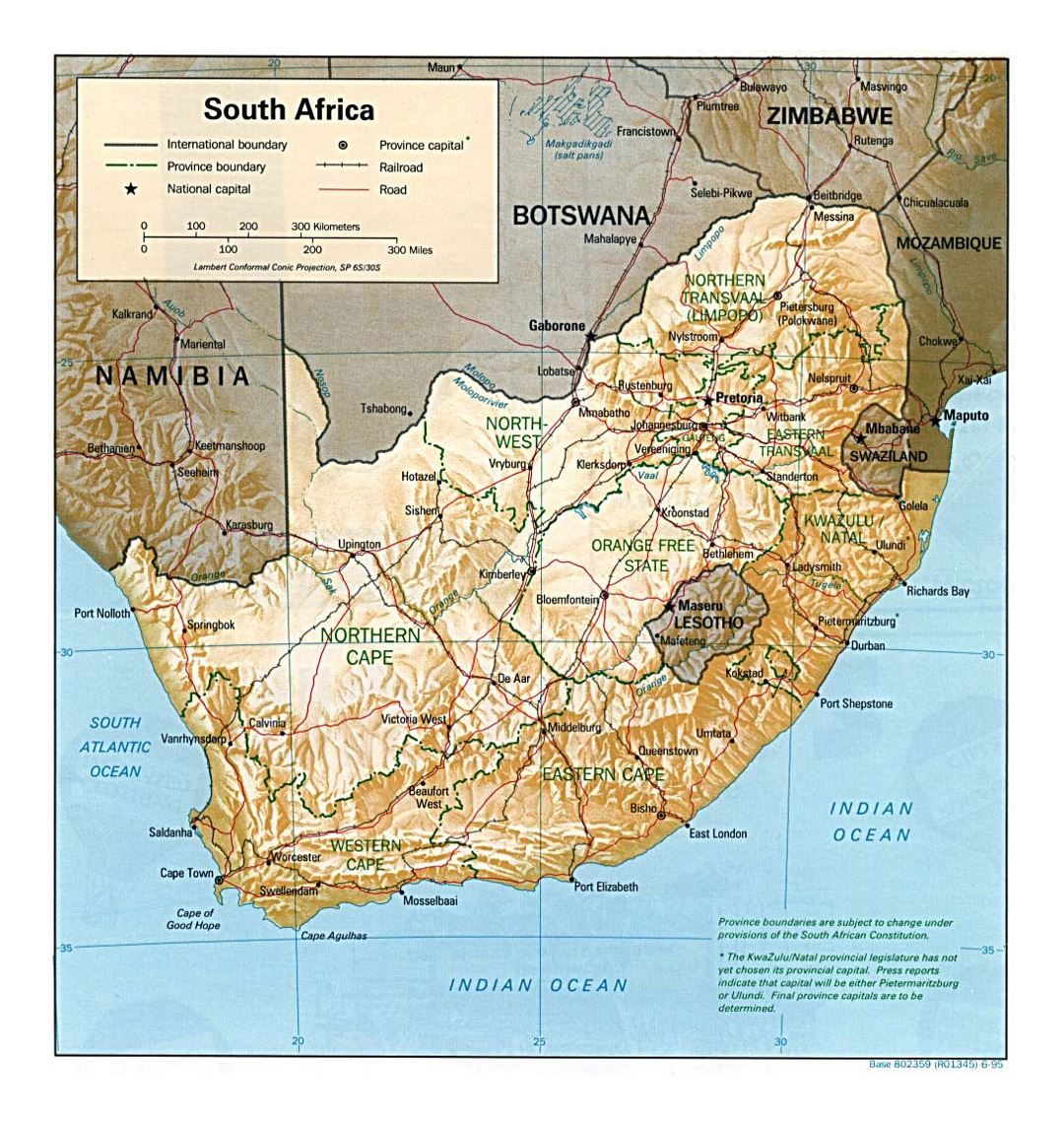 Детальная политическая и административная карта Южной Африки с рельефом, дорогами, железными дорогами и крупными городами - 1995