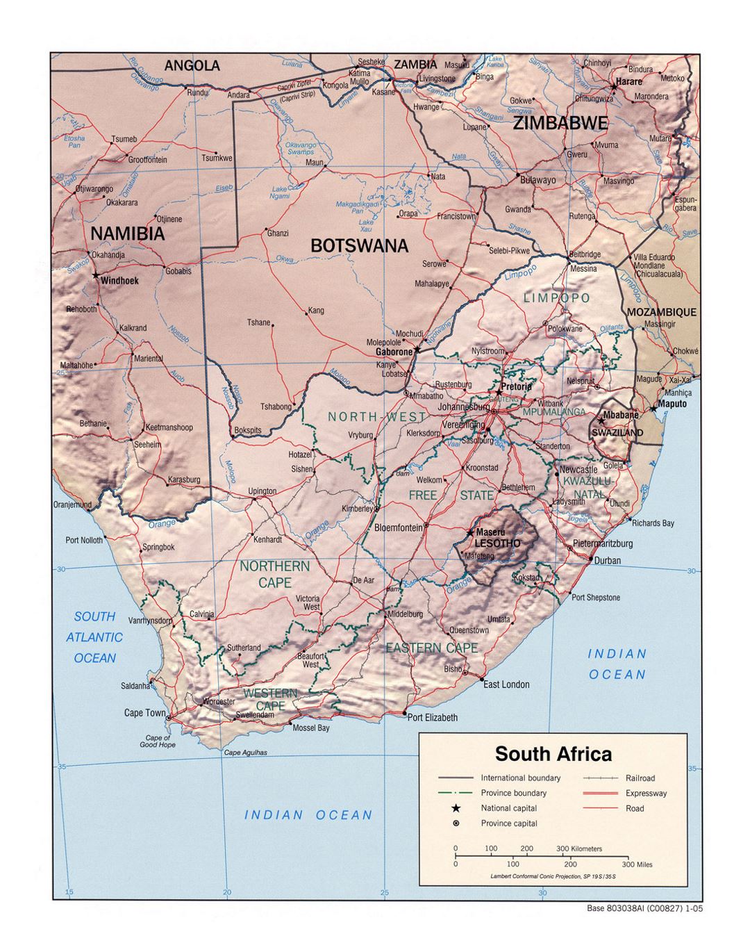Детальная политическая и административная карта Южной Африки с рельефом, дорогами, железными дорогами и крупными городами - 2005
