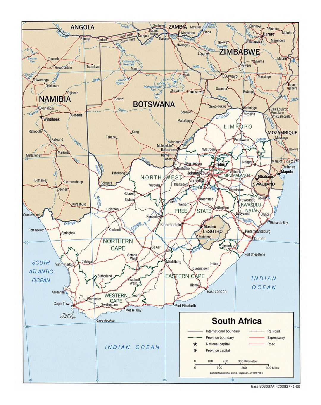 Детальная политическая и административная карта Южной Африки с дорогами, железными дорогами и крупными городами - 2005