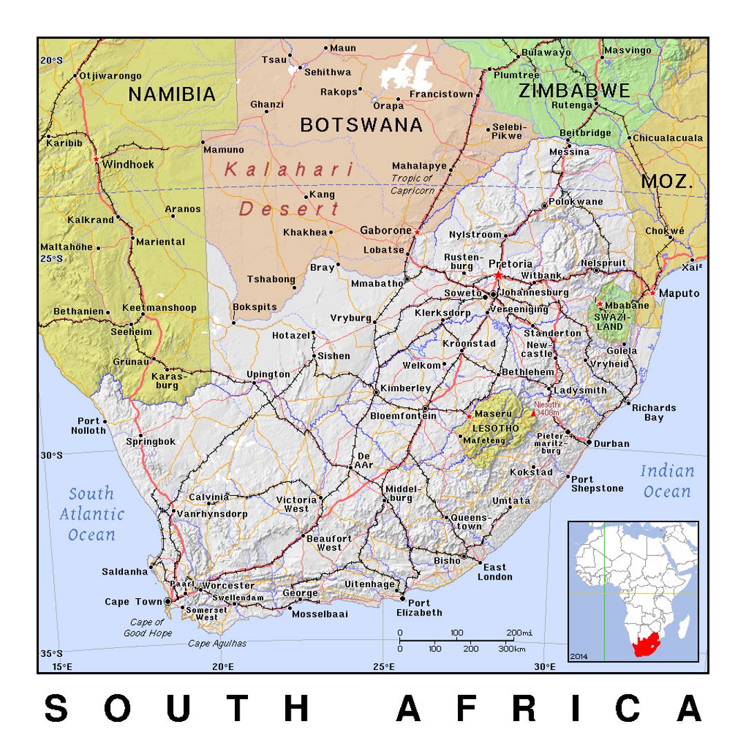 Детальная политическая карта Южной Африки с рельефом