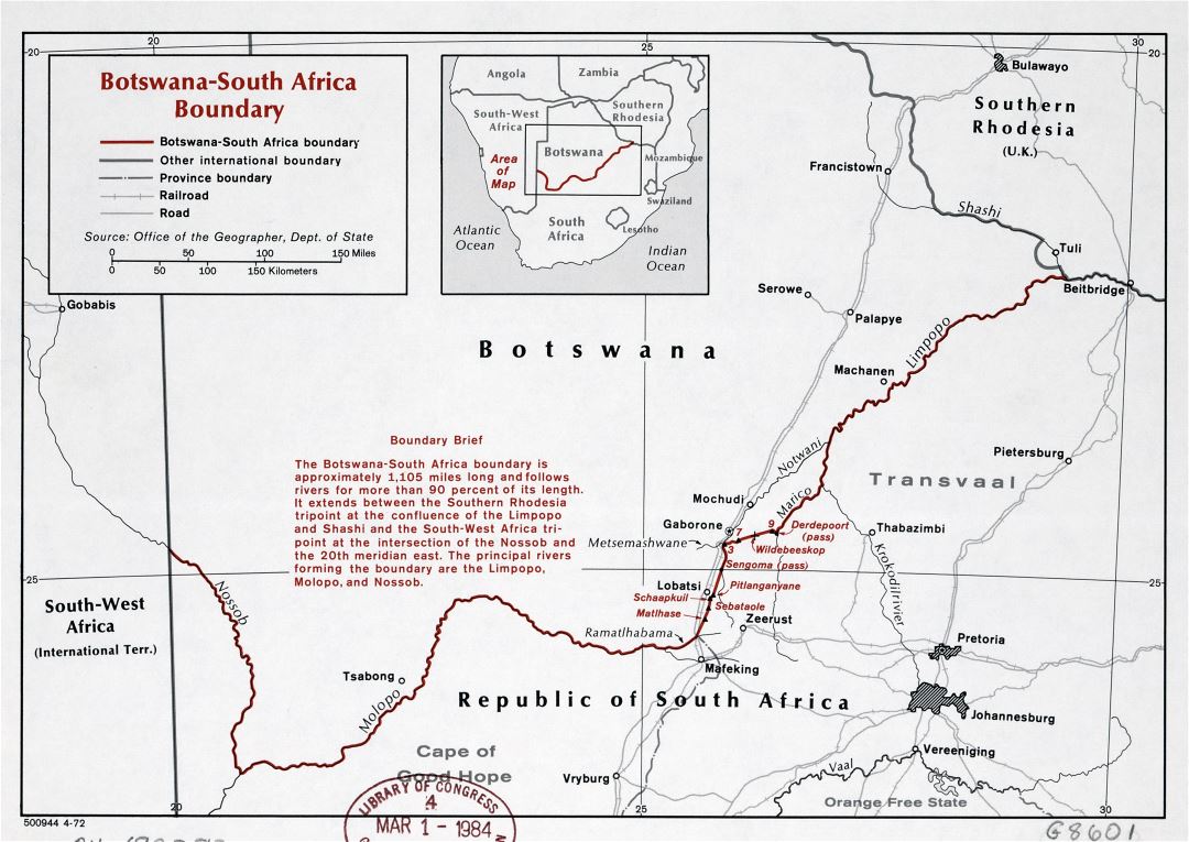 Большая детальная карта границы Ботсваны - Южной Африки - 1972
