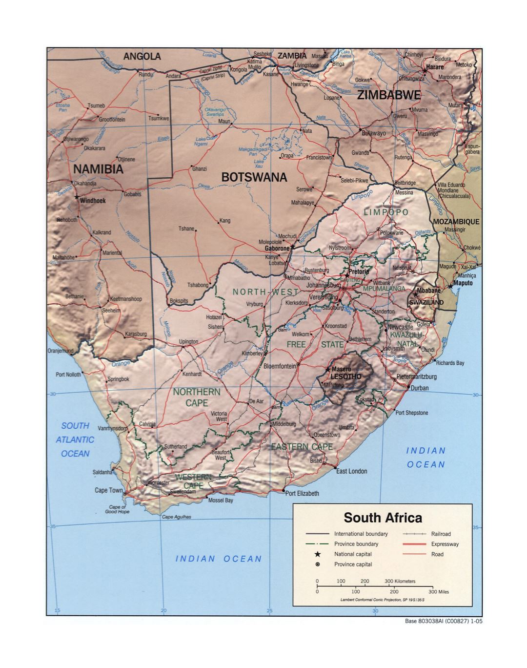 Большая детальная политическая и административная карта Южной Африки с рельефом, дорогами, железными дорогами и крупными городами - 2005