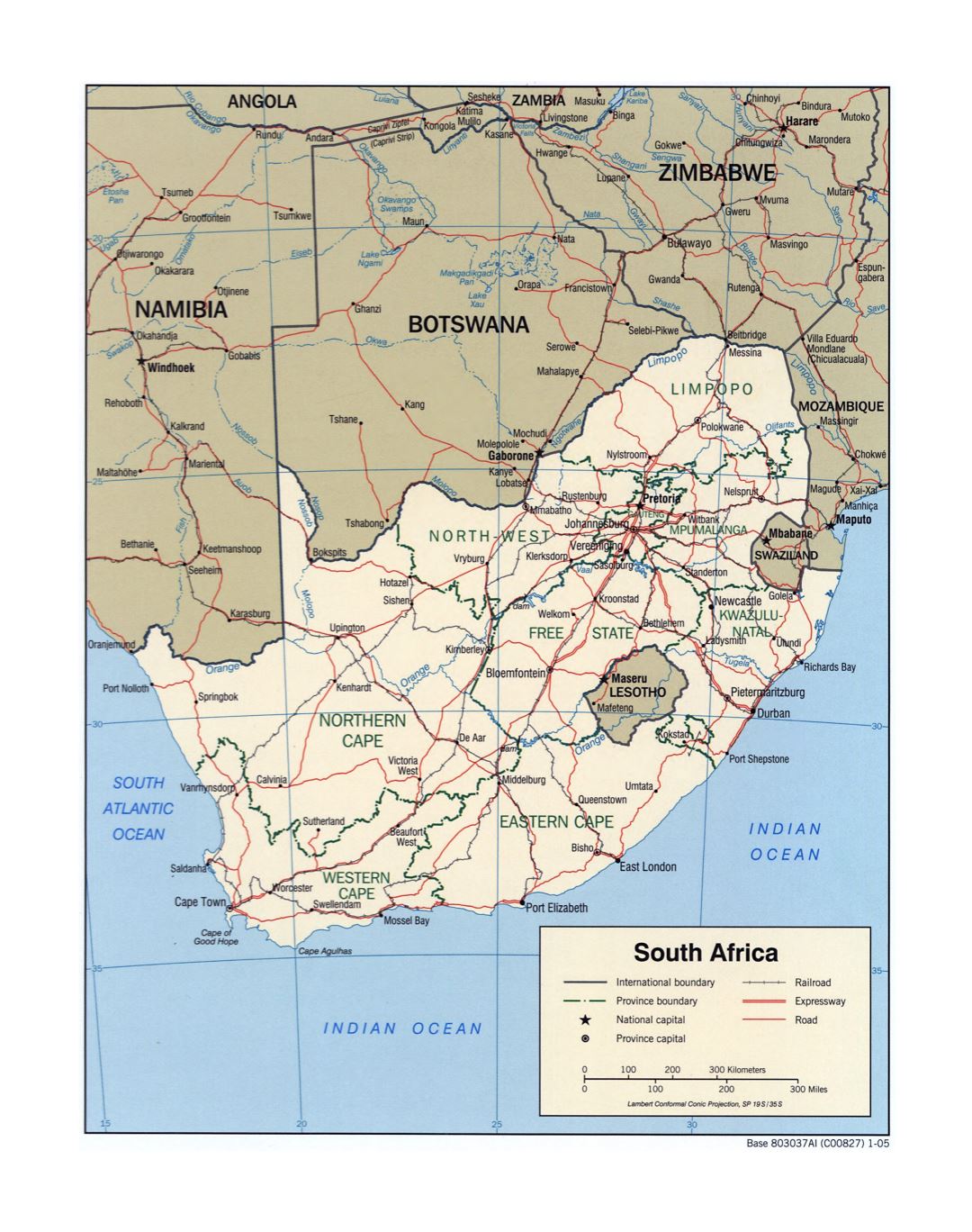 Большая детальная политическая и административная карта Южной Африки с дорогами, железными дорогами и крупными городами - 2005