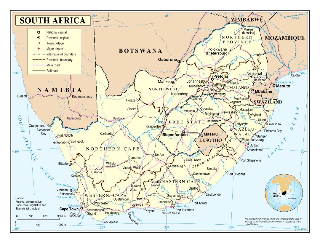 Большая детальная политическая и административная карта Южной Африки с дорогами, железными дорогами, городами и аэропортами