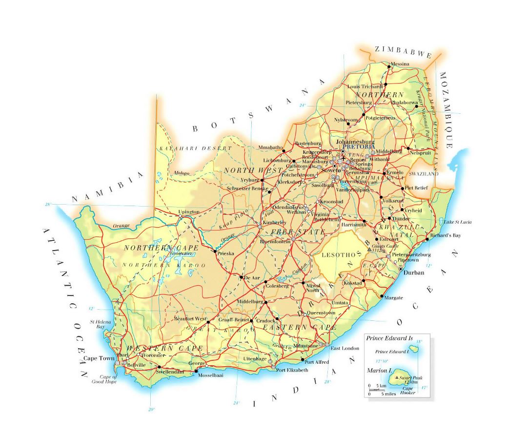 Большая карта высот Южной Африки с дорогами, железными дорогами, городами и аэропортами