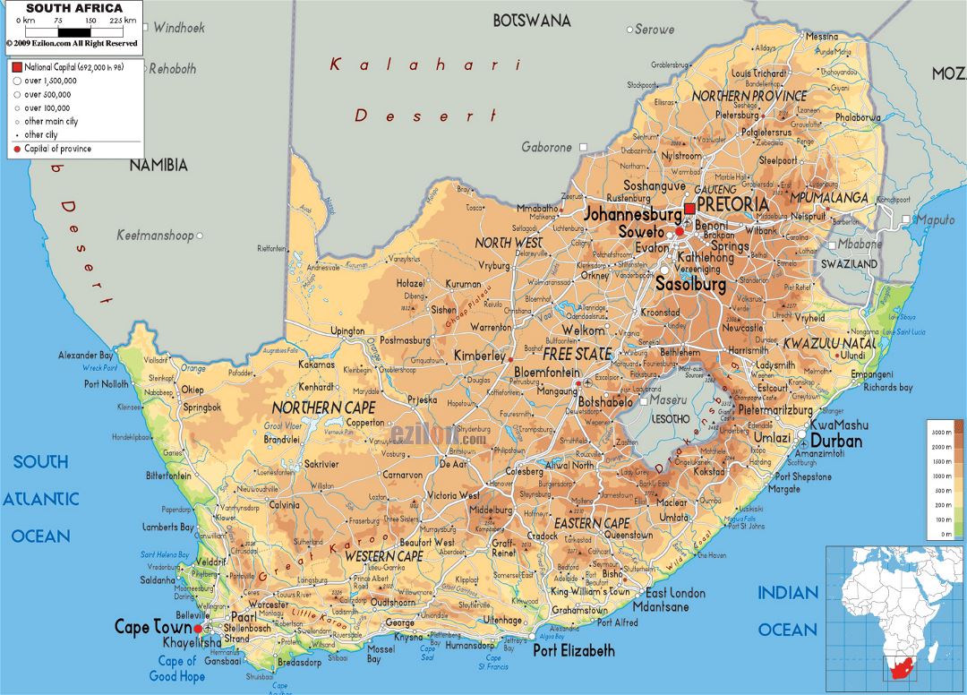 Большая физическая карта Южной Африки с дорогами, городами и аэропортами