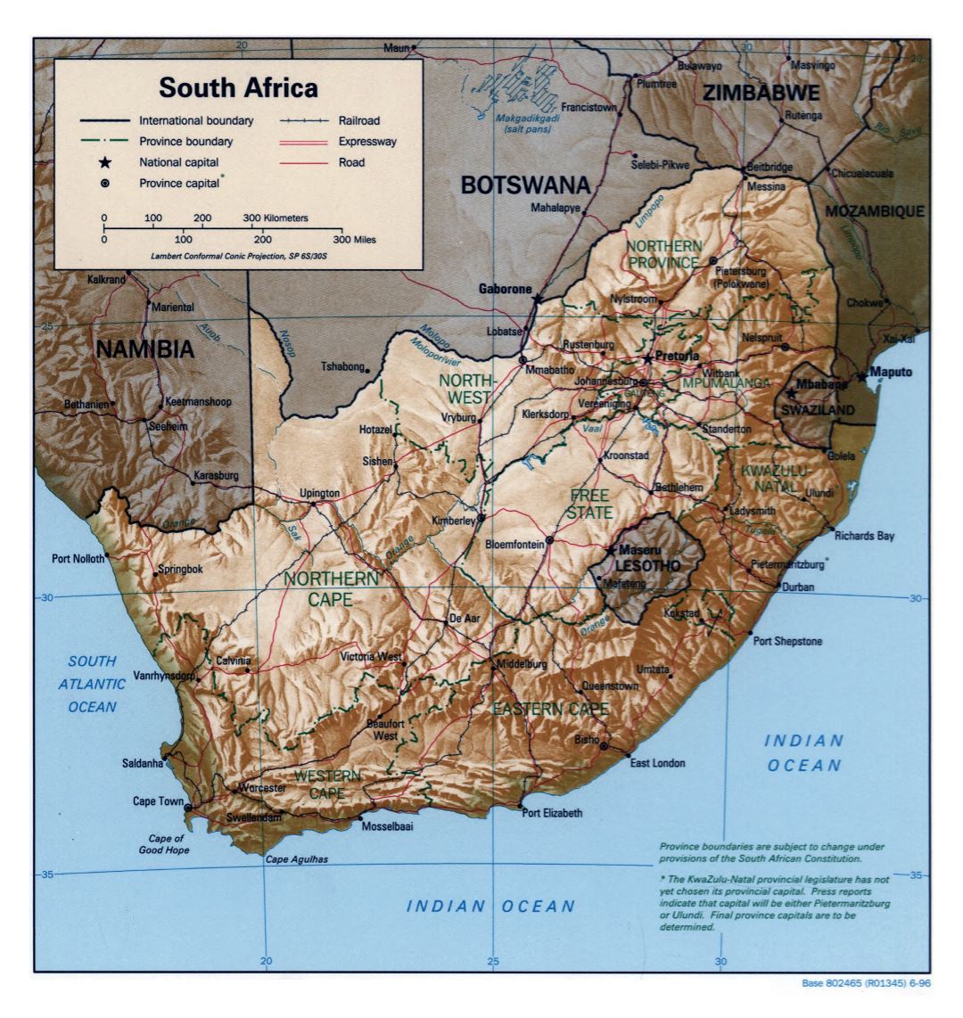 Большая политическая и административная карта Южной Африки с рельефом, дорогами, железными дорогами и крупными городами - 1996