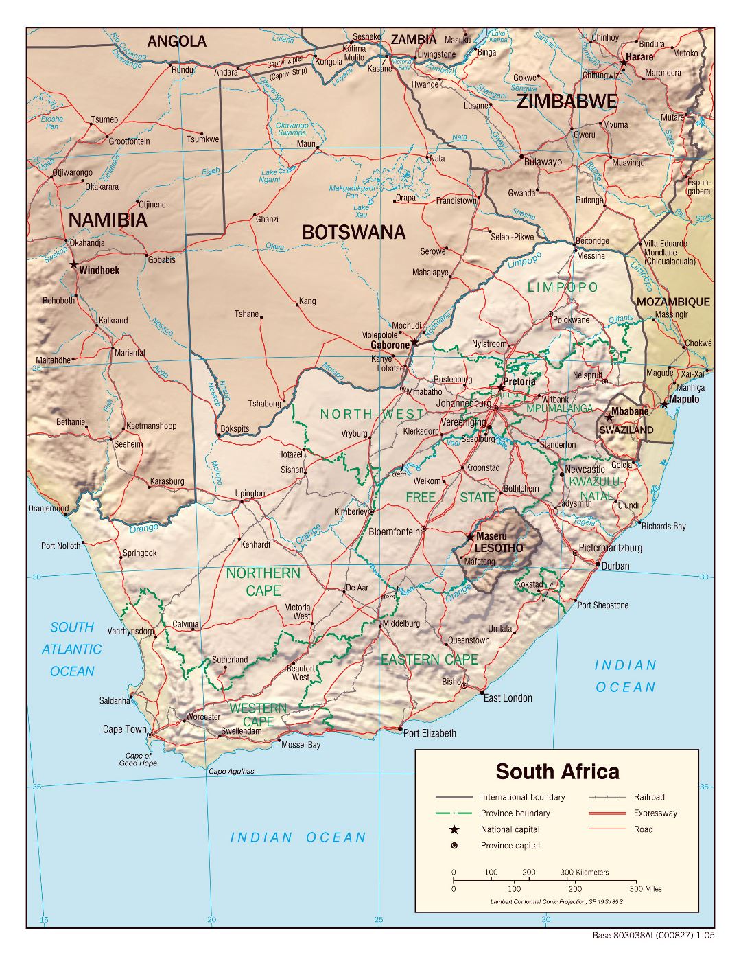Большая политическая и административная карта Южной Африки с рельефом, дорогами, железными дорогами и крупными городами - 2005