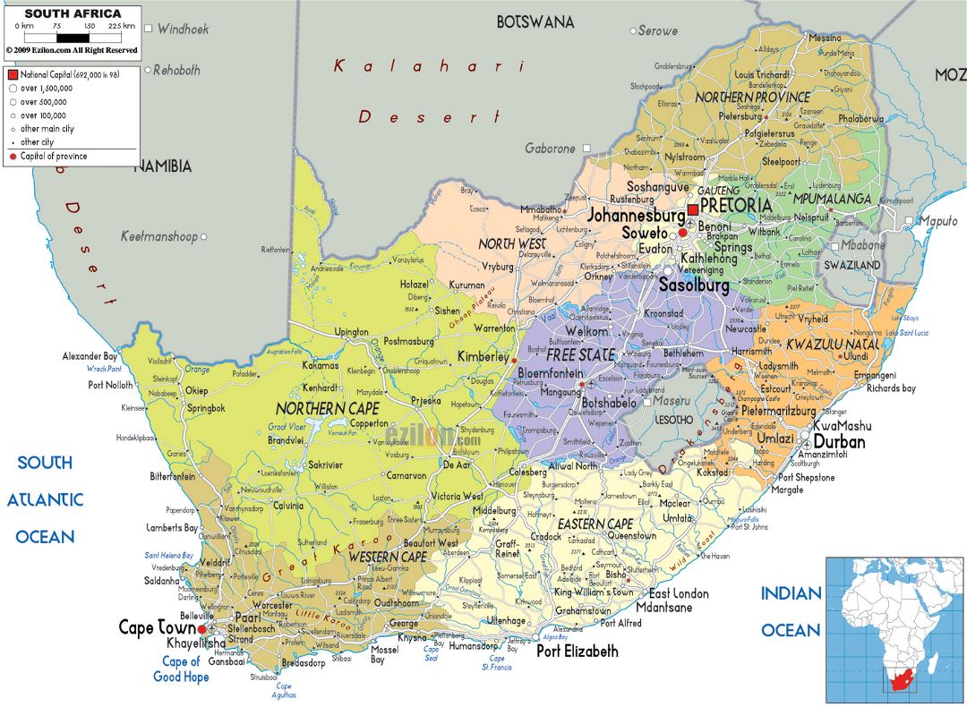Большая политическая и административная карта Южной Африки с дорогами, городами и аэропортами