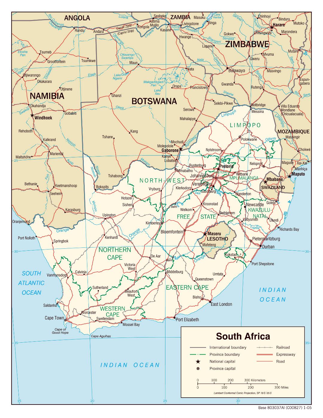 Большая политическая и административная карта Южной Африки с дорогами, железными дорогами и крупными городами - 2005