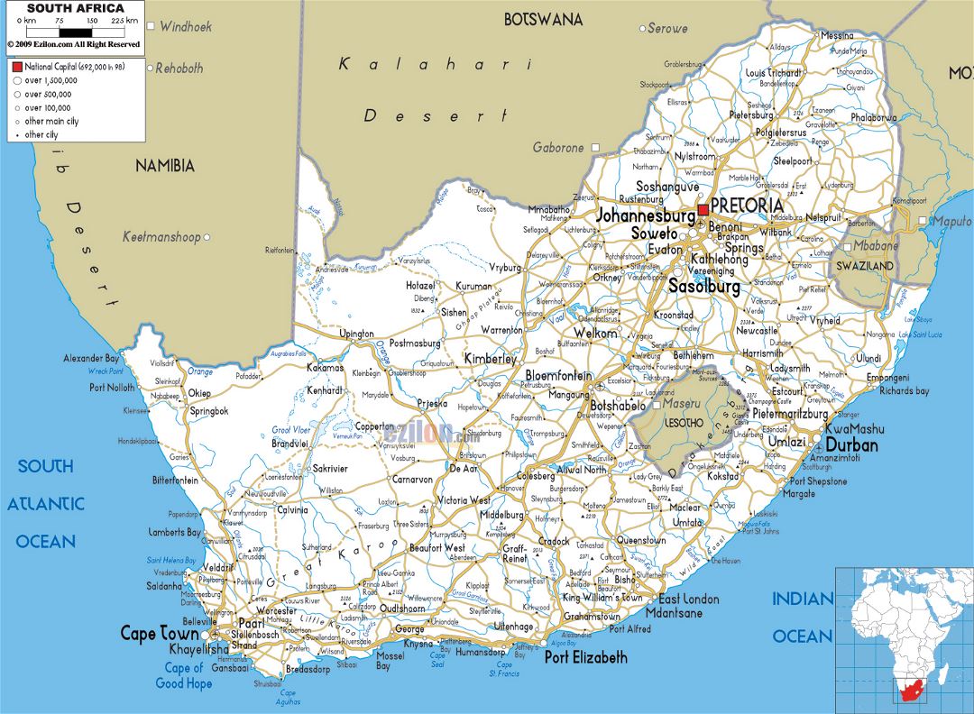 Большая карта дорог Южной Африки с городами и аэропортами
