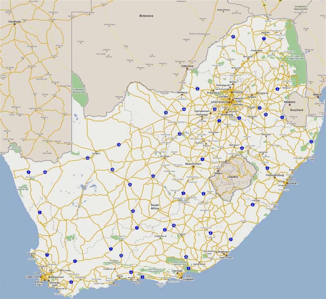 Большая карта дорог Южной Африки с городами
