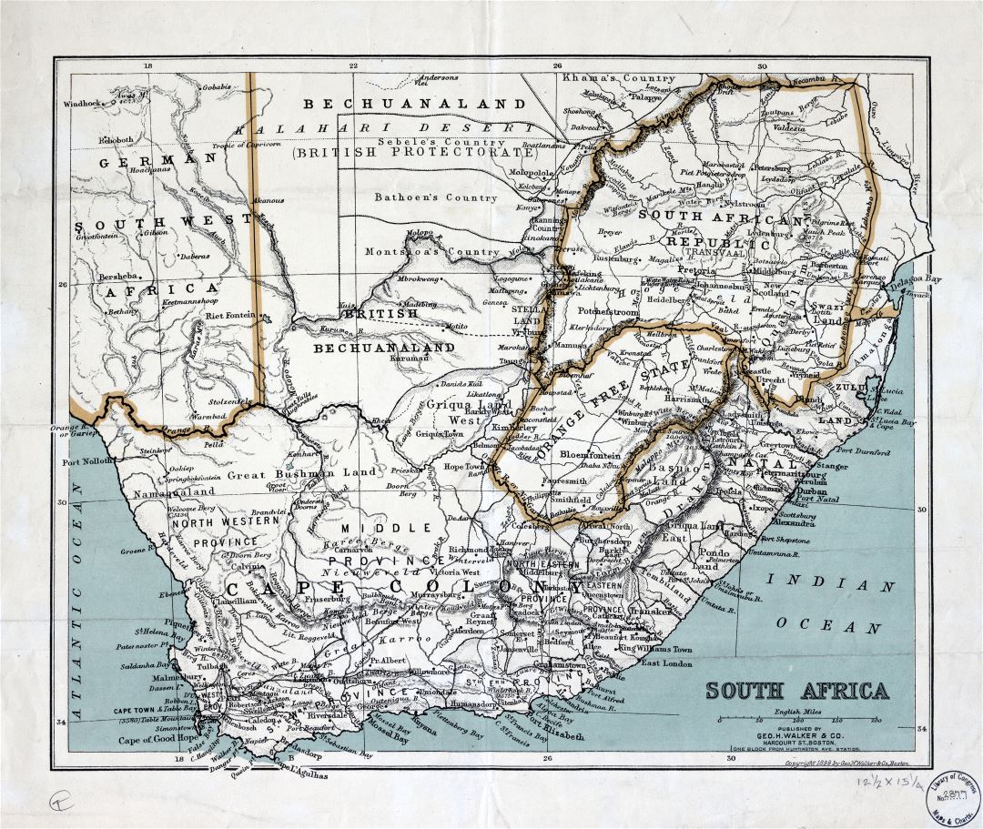 Крупномасштабная детальная старая карта Южной Африки с рельефом и другими пометками - 1899
