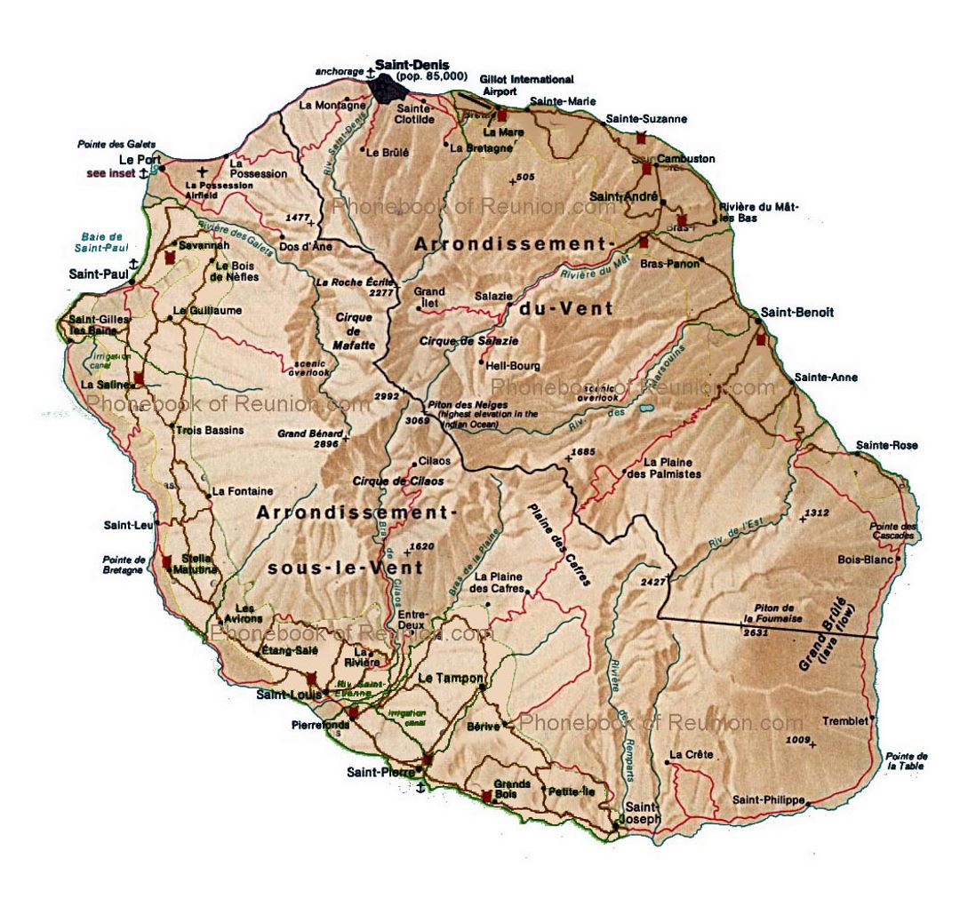 Детальная карта Реюньона с рельефом, дорогами, городами, портами и аэропортами