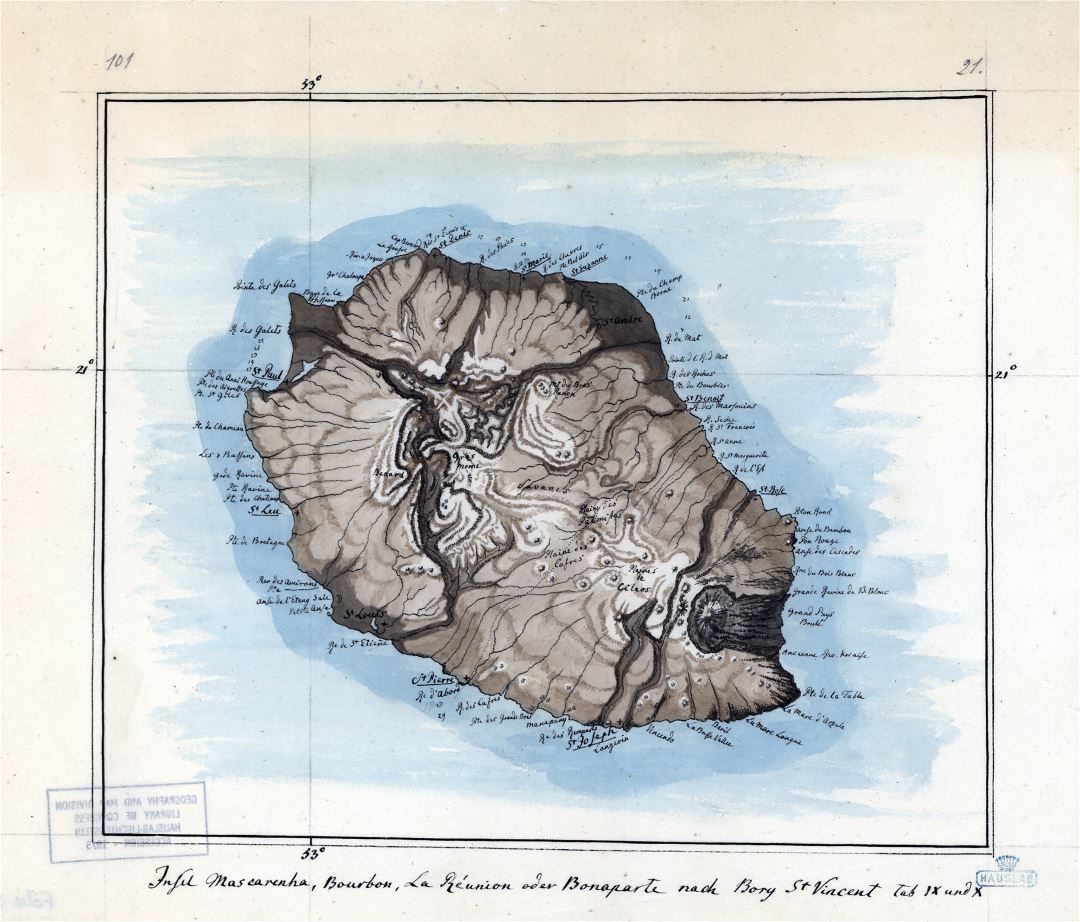 Большая детальная старая карта Реюньона с рельефом - 1802