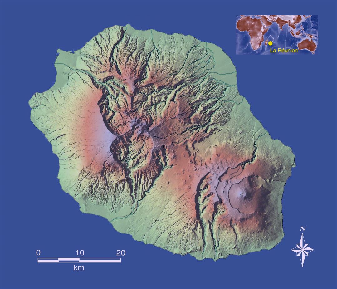 Большая детальная карта расположения и рельефа Реюньона