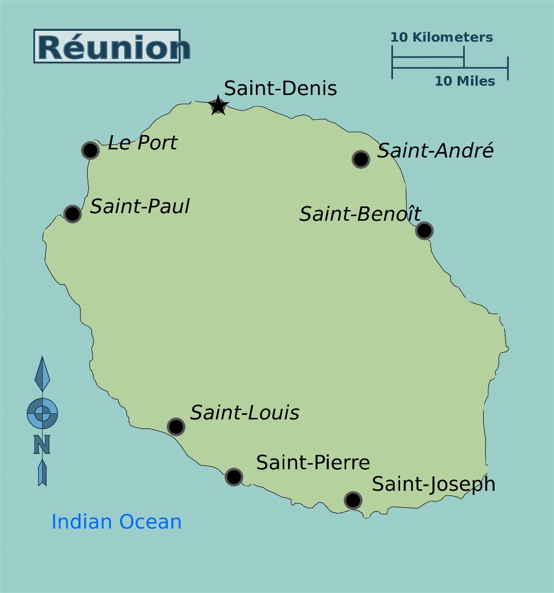 Большая карта Реюньона с городами