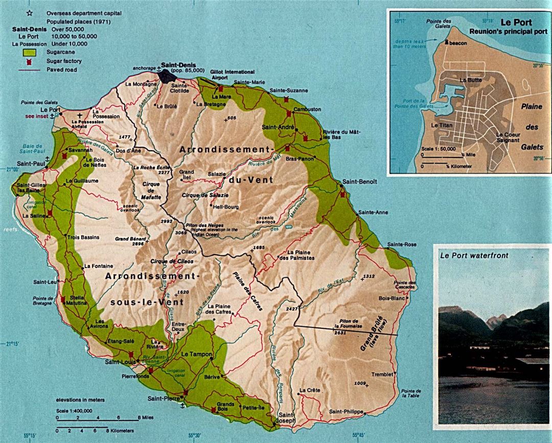 Большая политическая карта Реюньона с рельефом, дорогами, городами, портами и аэропортами - 1976