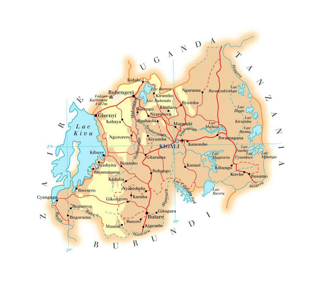 Детальная карта высот Руанды с дорогами, городами и аэропортами