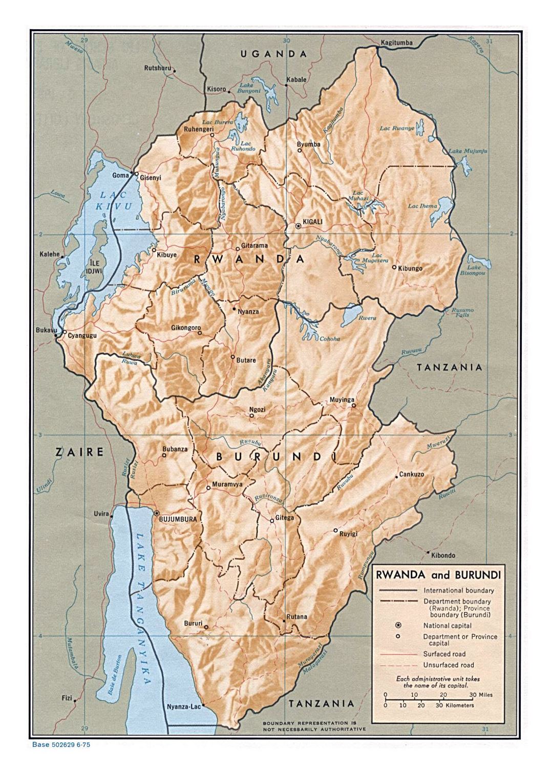 Детальная политическая и административная карта Руанды и Бурунди с рельефом, дорогами и крупными городами - 1975