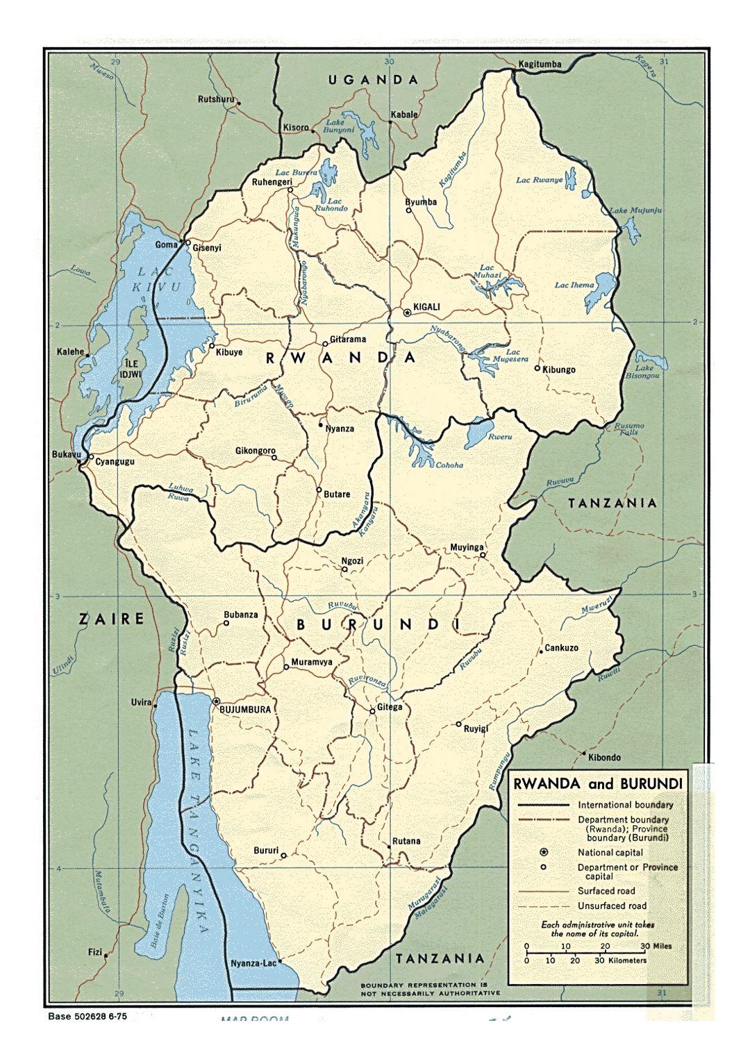 Детальная политическая и административная карта Руанды и Бурунди с дорогами и крупными городами - 1975