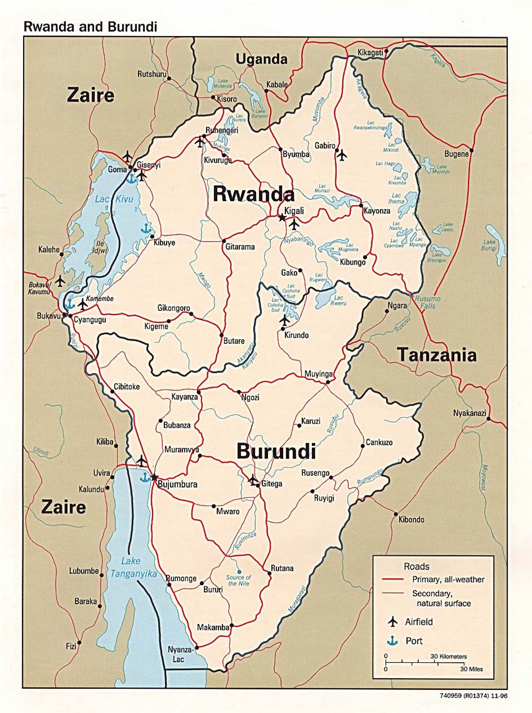 Детальная политическая карта Руанды и Бурунди с дорогами, крупными городами, портами и аэропортами - 1996