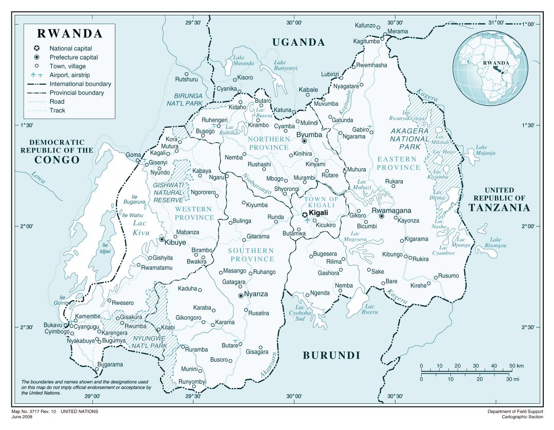 Большая детальная политическая и административная карта Руанды со всеми дорогами, городами и аэропортами