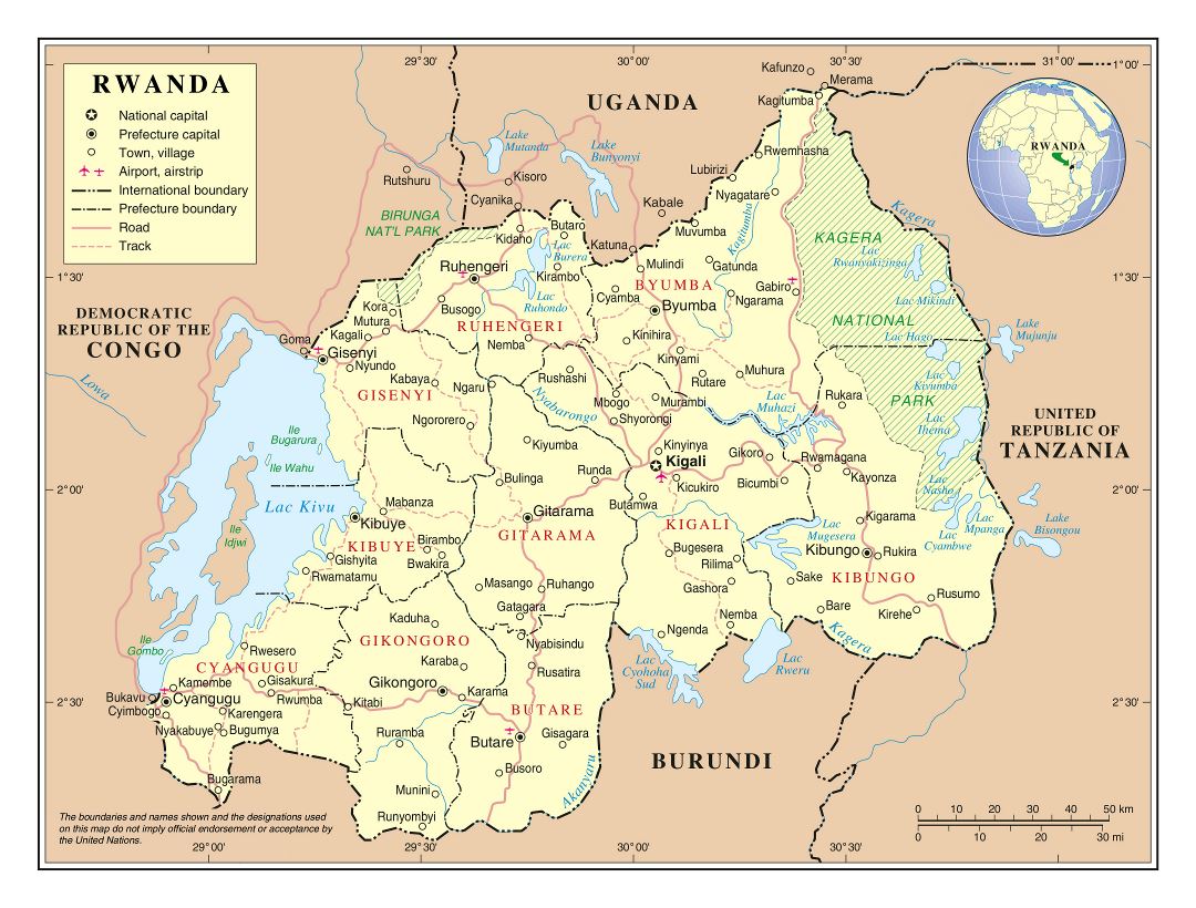 Большая детальная политическая и административная карта Руанды с дорогами, городами и аэропортами